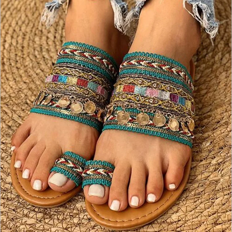 

2020 new European and American flat toe slippers large size women's shoes Bohemian slippers for women