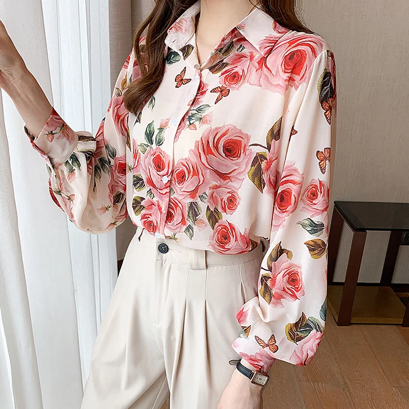 

Korea Elegant Lantern Sleeve Turn Down Collar Single Breasted Flower Chiffon Blouse Women Chic Office Shirts Ladies, Red