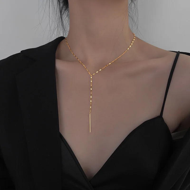 

Real Gold Plating Y Shape Clavicle Necklace Korean Simple Exquisite Long Gold Tassel Necklace