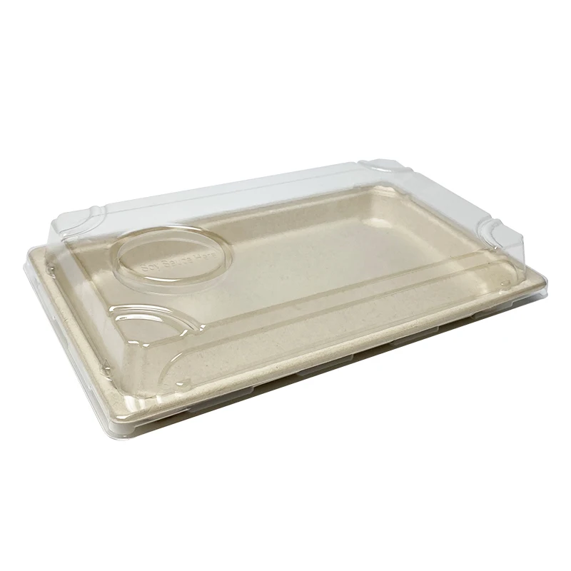

100% Comopostable Biodegradable Sushi Tray with PET Lids Sugarcane Pulp Tableware Sushi Container with Lids
