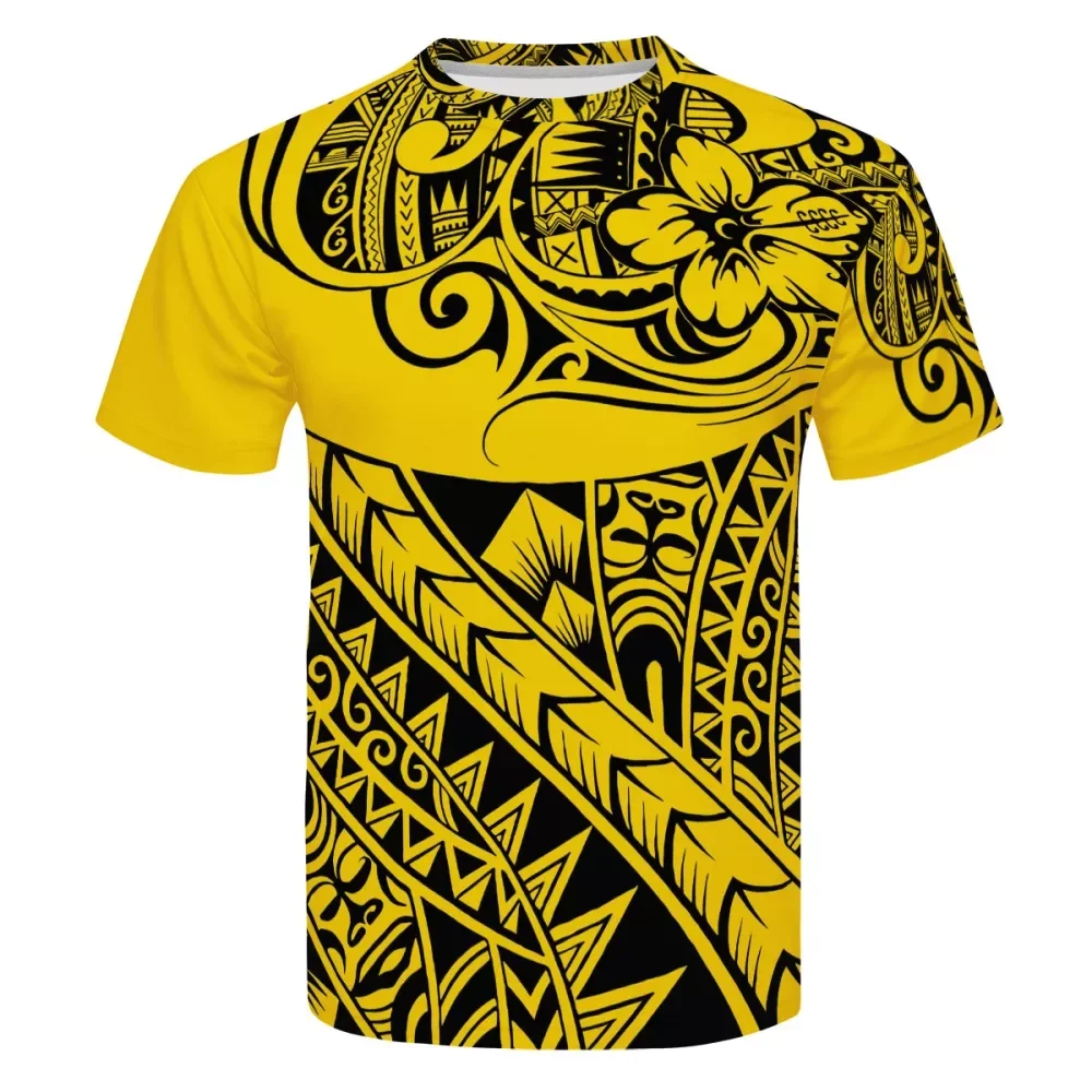 

Men T-shirts for Summer Short Sleeve Shirt men yellow Polynesian tribal design Printing Tee Shirt males Tops Tees big Hibiscus, Customized colors