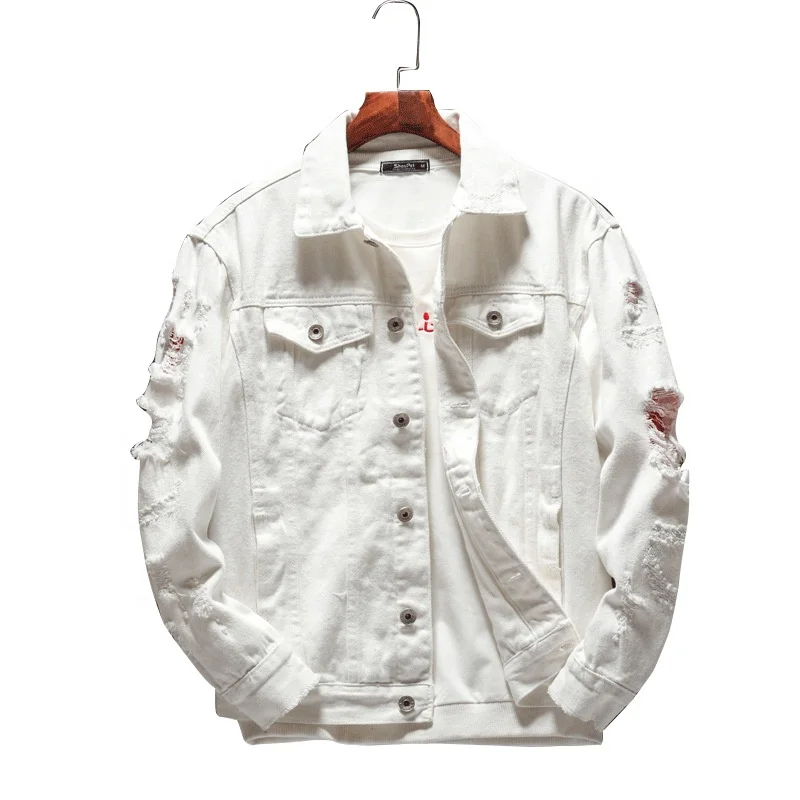 

Ripped Denim Bomber Jacket Men New Stylish Simple White Denim Jacket