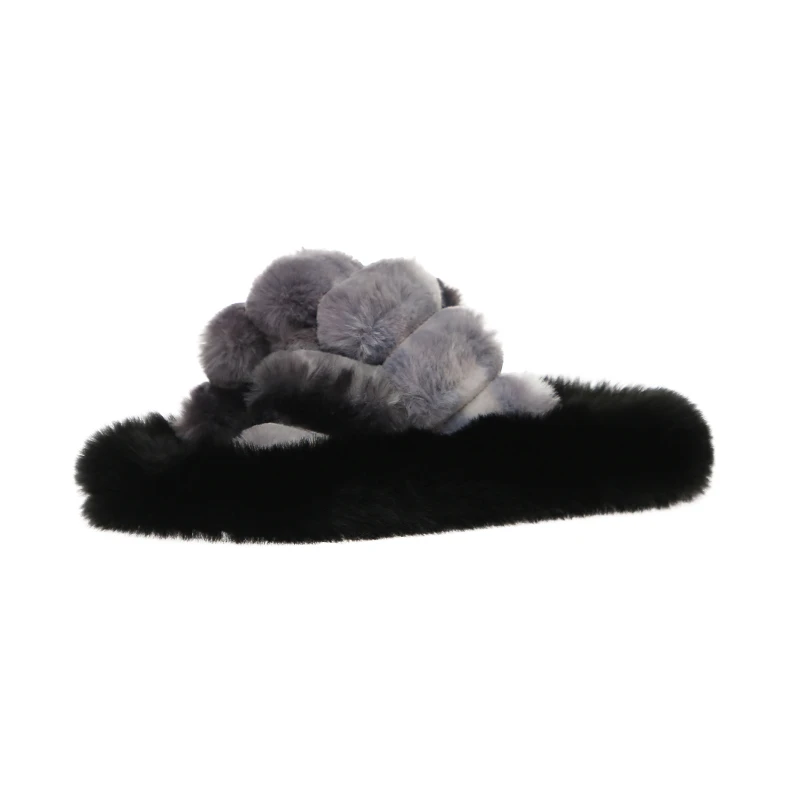 

Girl Bedroom Furry Slippers Women's Fashion Warm Cross Band Slides Sandals Ladies Platform Home Rabbit Fur Slides Slipper