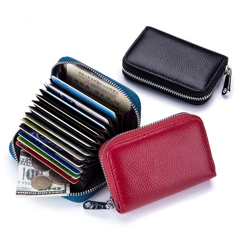 

RFID Blocking Genuine Leather Credit Card Wallet, Zipper Card Case Holder for Men Women, 14 Slots