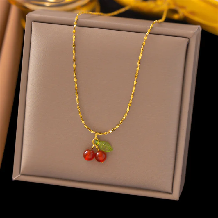 

Wholesale New Titanium Steel 18k Gold Girls Necklace Statement Cute Cherry Necklace Charms