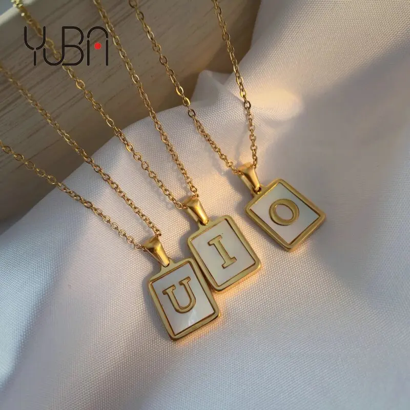 

Trendy 18K Gold Stainless Steel Letter A-Z Initial Necklace Female White Rectangular Shell Letter Pendant Necklace, Picture