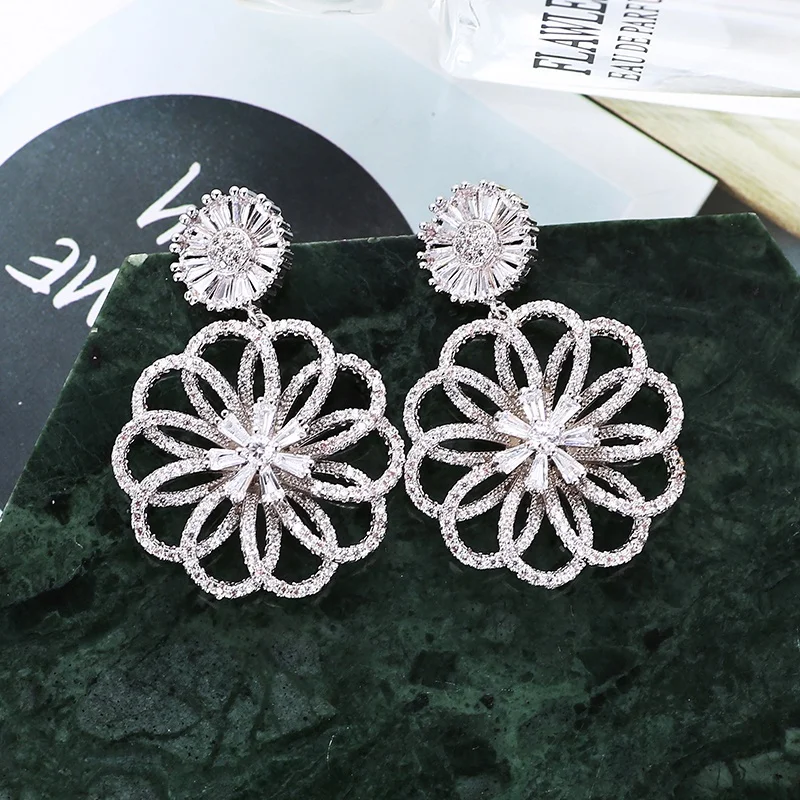 

Wholesale Luxury Gold Flower Drop Earrings Full Pave Cubic Zirconia CZ Earrings