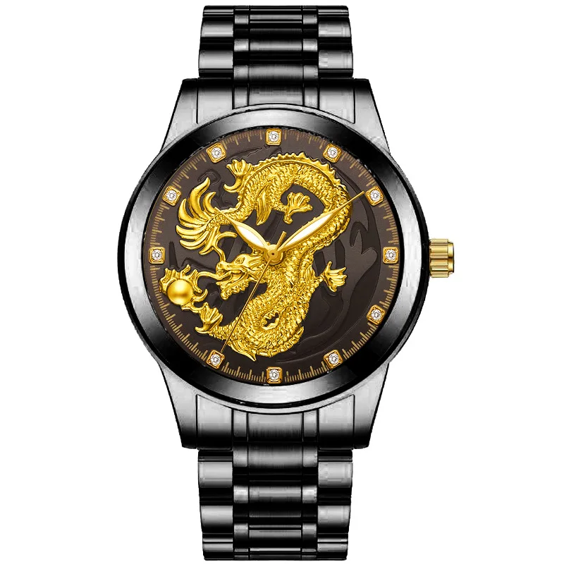 

Steel alloy watchband hot business man watch wholesale classic Chinese wind relief gold dragon quartz watch