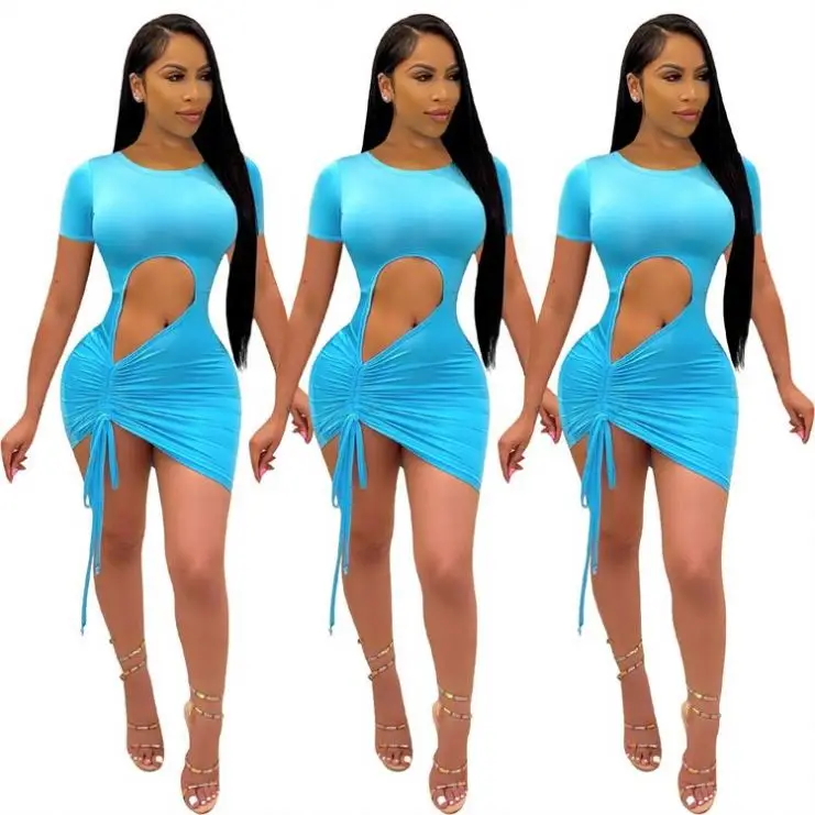 

MISS New Trendy Short Sleeve Hollow Out Drawstring Pleated Solid Color Women Casual Summer Bodycon Dress