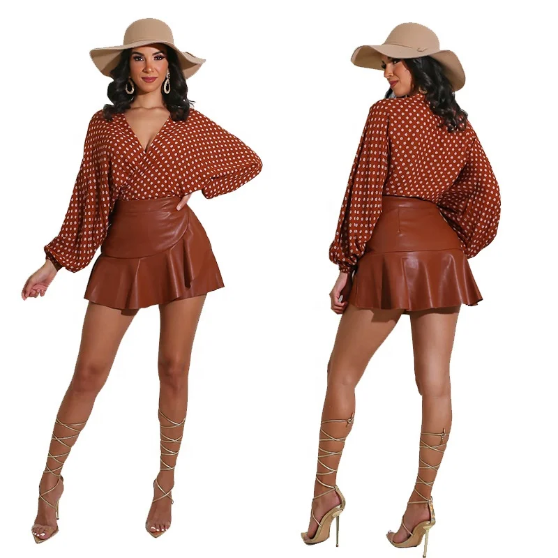 

Women's new autumn solid color stitching skirt Solid color ruffled faux leather skirt