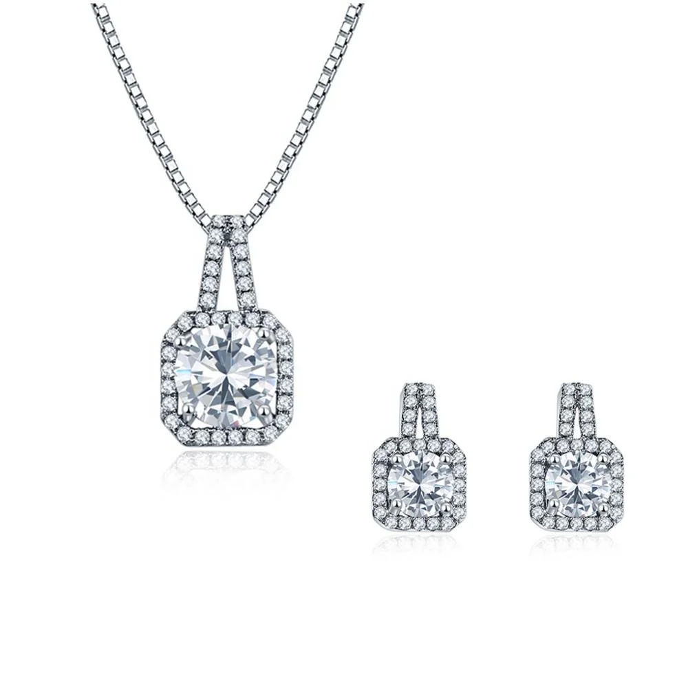 

Wholesale high quality jewelry sets square diamond pendant necklace and pure zircon earrings stud for women, Clear