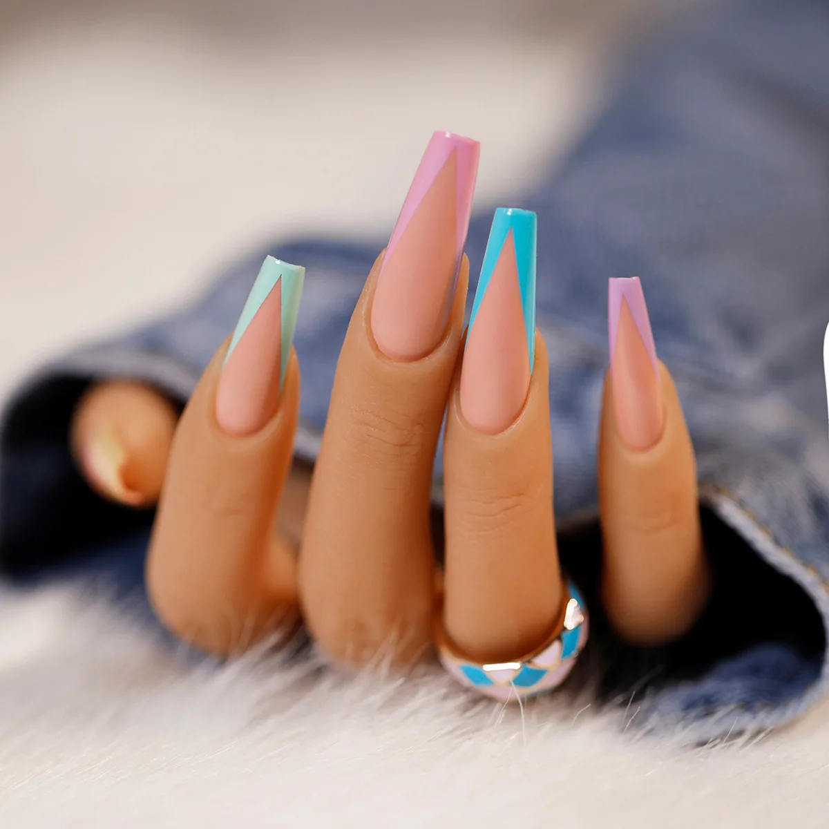 

New Arrival Long Coffin Nail Tips Rainbow French Design Full Cover Press On Nails Private Label Fashion Nails