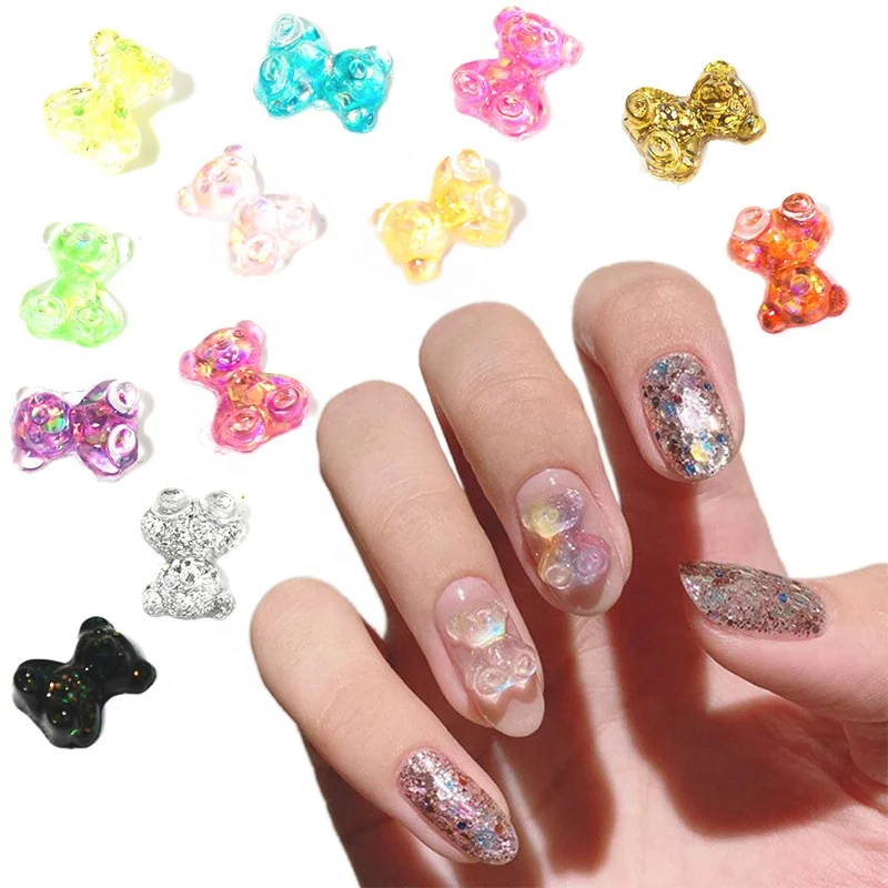 

100pcs Cute Bear Design Resin Nail Stud Rhinestone ZCF18 Different 12 Colors Plastic Material Nail Charms Rhinestone