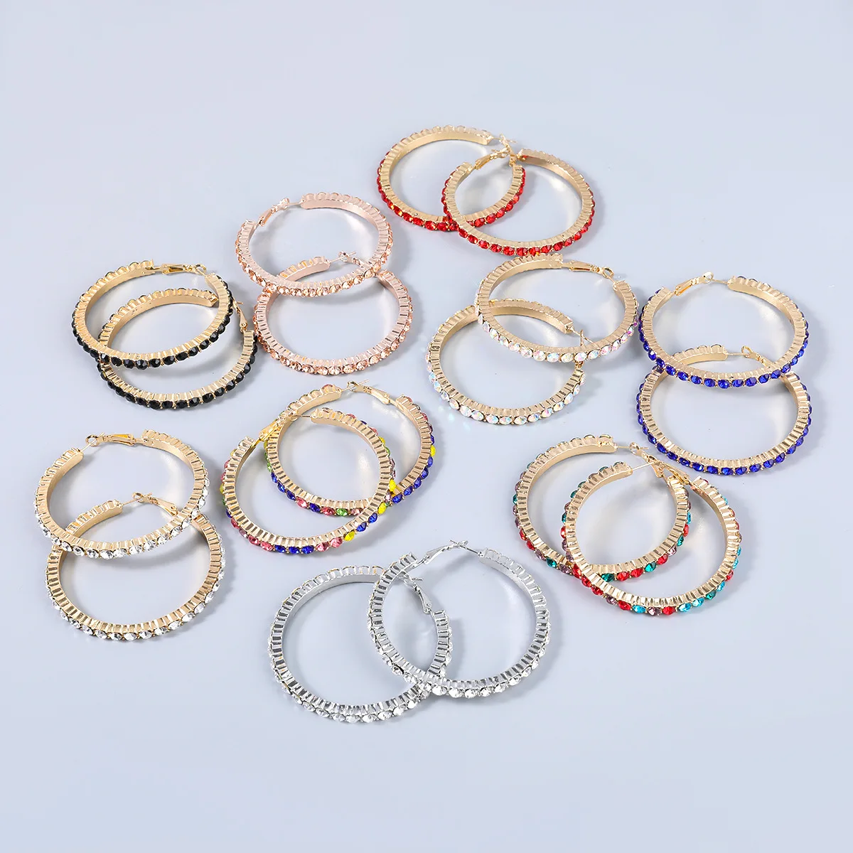 

C&J 9 Colors Delicate Statement 18K Gold Plated Geometric Bling Colorful Large Rhinestone Hoop Earrings For Party