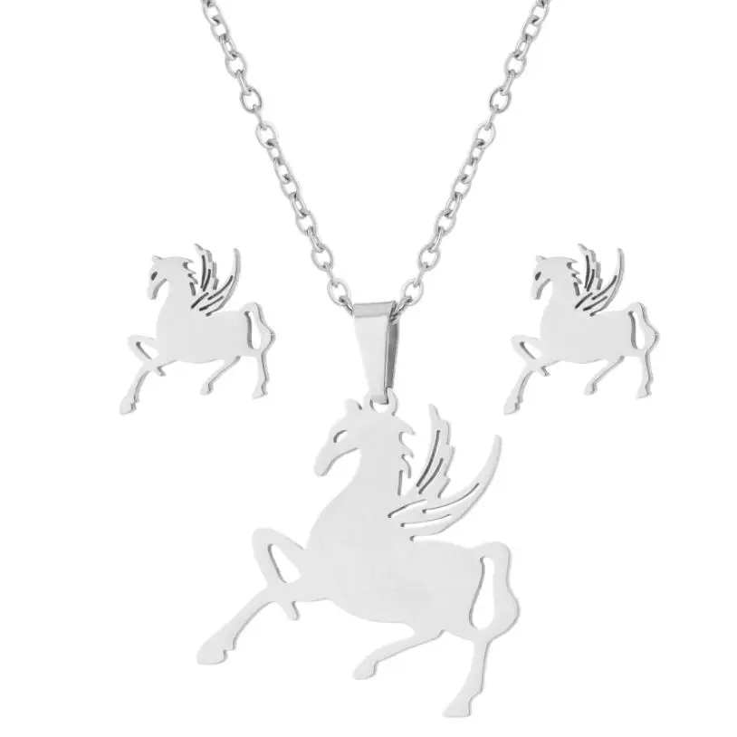 

hot sale custom women stainless steel jewelry cute animal horse pendant necklaces and earring sets