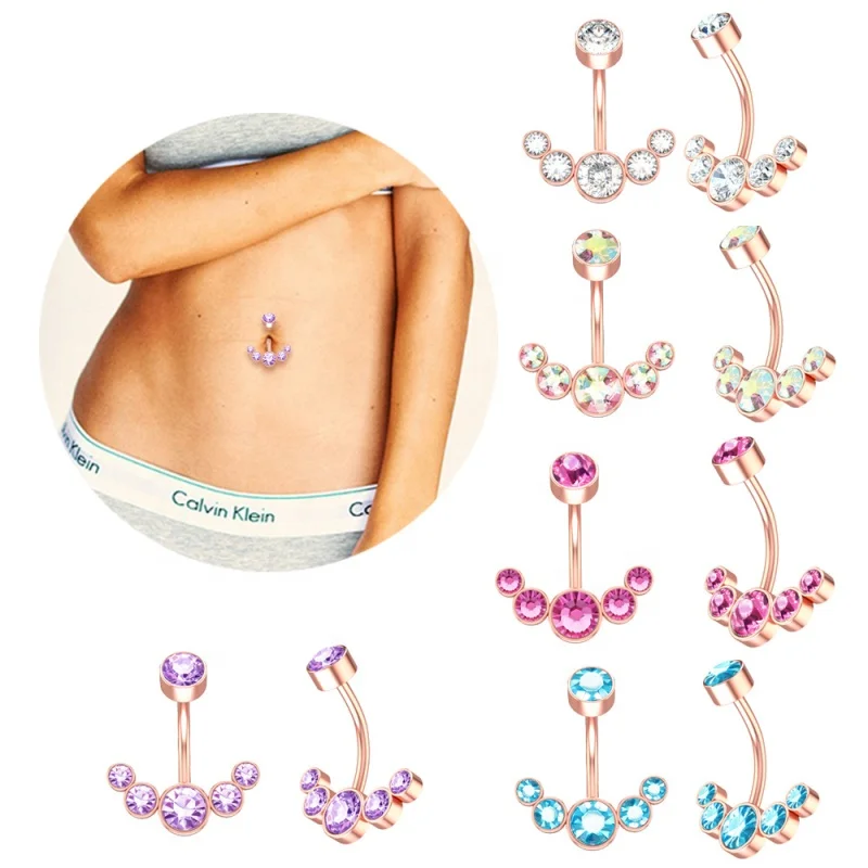 

Colorful Rhinestone Navel Nails Geometric Stainless Steel Belly Button Ring, Ab color/blue/pink/purple/white