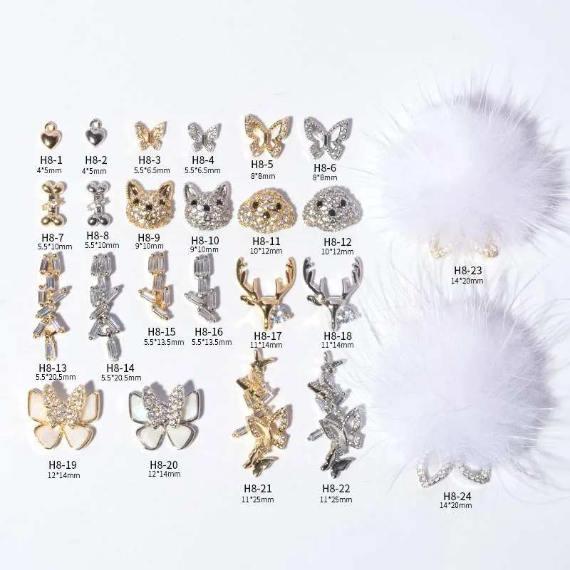 

High Quality Nail Charms AAA Zircon Love Heart Hollow Out Butterfly Dog Cat Shape Women Beauty Finger Nail Jewelry, Colorful