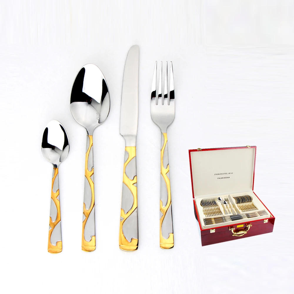 

STOCK STOCK SMALL MOQ 72pcs/84pcs Hoffmayer golden plated stainless steel cutlery set with color box, Golden plataed