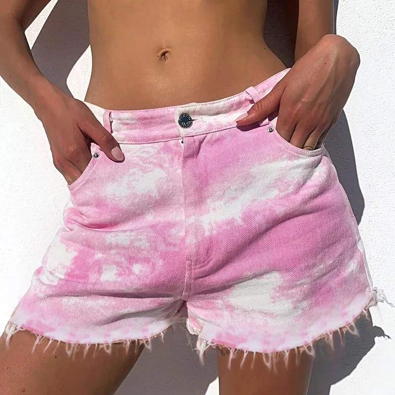 

2021 New Design Tie Dye Shorts For Women Denim Fabric Jeans Muj Causal Streetwear Shorts Jeans Feminino