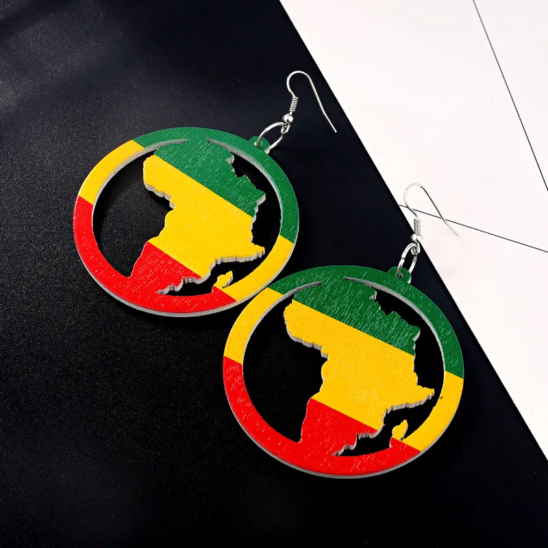 2020 Hotsale African Printed Map 6cm Round Rasta Wooden Africa Earrings ...