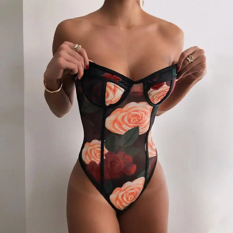 

New arrivals sexy mesh floral rose printing sleeveless off shoulder bodysuit for women