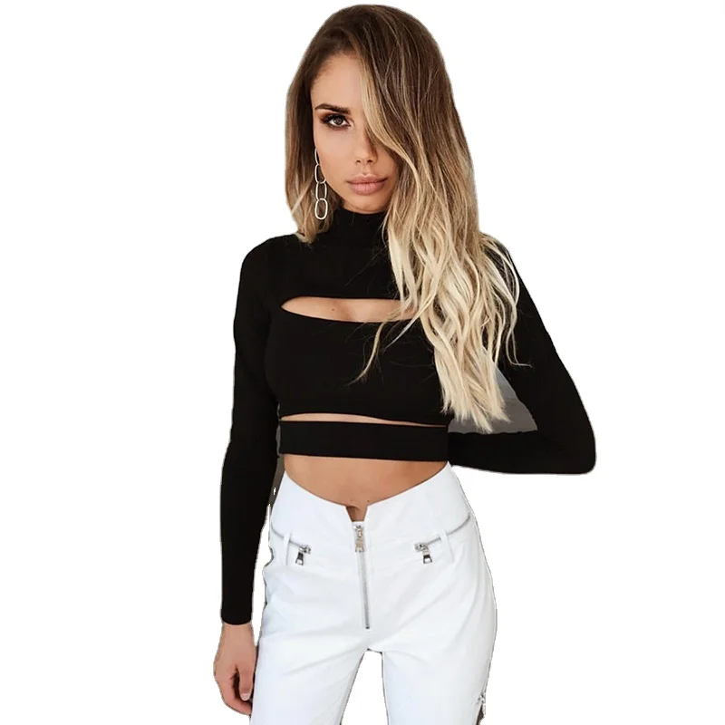 

Women Hollow Out Turtleneck Solid Color Long Sleeve Navel Bare Crop Tops Slim Fit Black Blouses, Black white