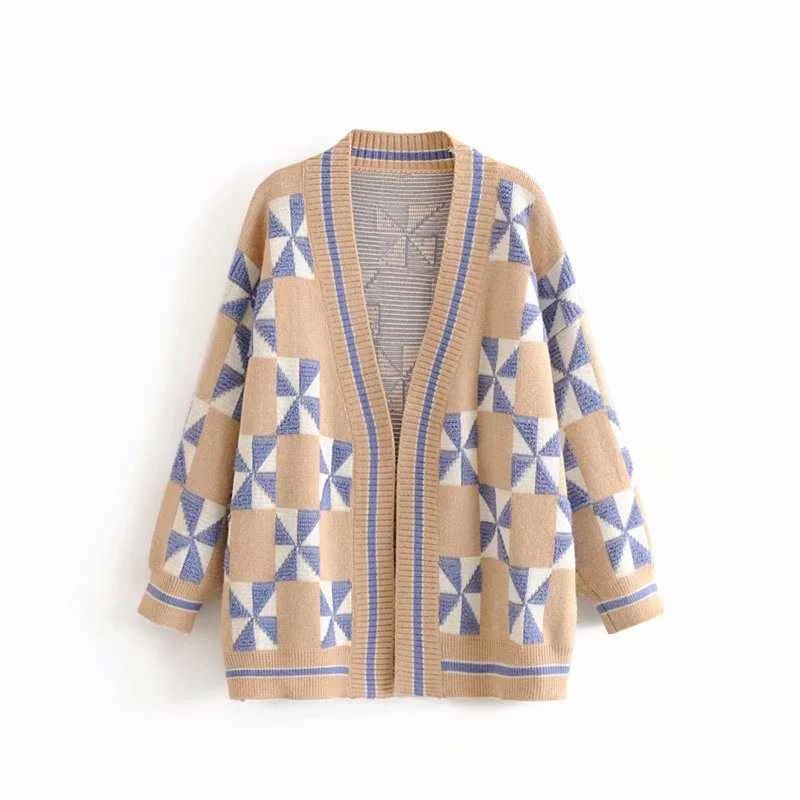 

Wholesale Fashion Pretty New Style 3colors Womens Cardigan Knit Geometric Sweaters, Khaki blue beige