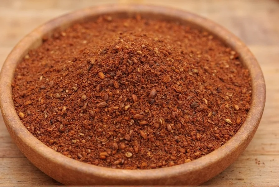 Close-up of ground allspice in a spice jar next to whole allspice berries showing texture difference