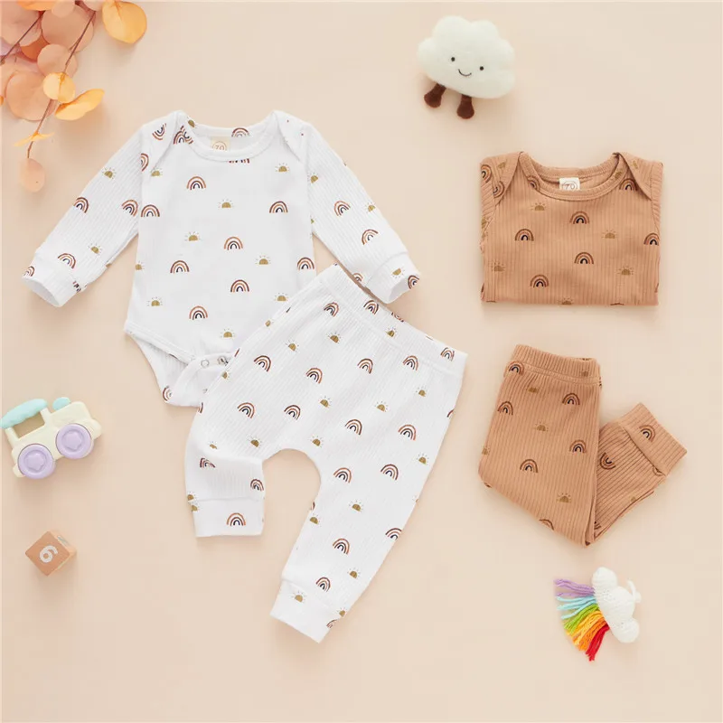 

In Stock Infant Toddler Rainbow Print Ribbed Cotton Bodysuit Pants Outfit Tracksuit Sets Baby Boys Girls Sleepwear Loungewear, Photo showed and customized color