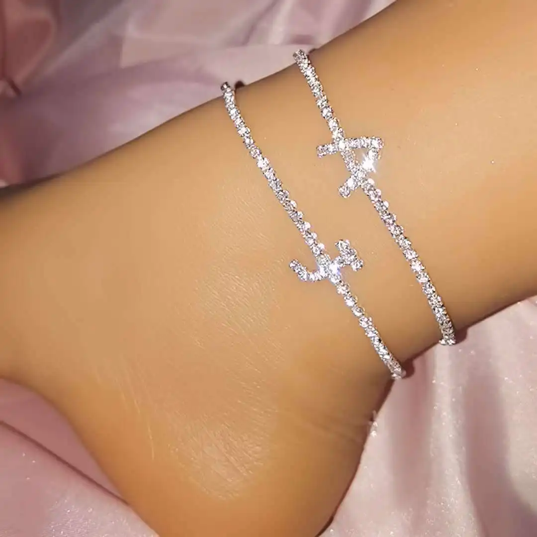 

Simple Bling Diamond Tennis Chain Ankle Bracelet Rhinestone Crystal Initial Letter Anklet