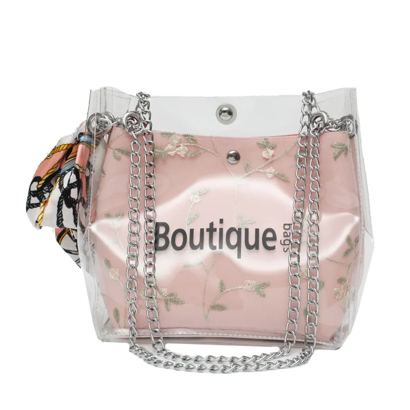 

Simple Style Fashion Women Pink Shoulder Bag Adjustable Chain Sling Crossbody 2 In 1 Bag Set Stylish Large Ladies Tote Bag