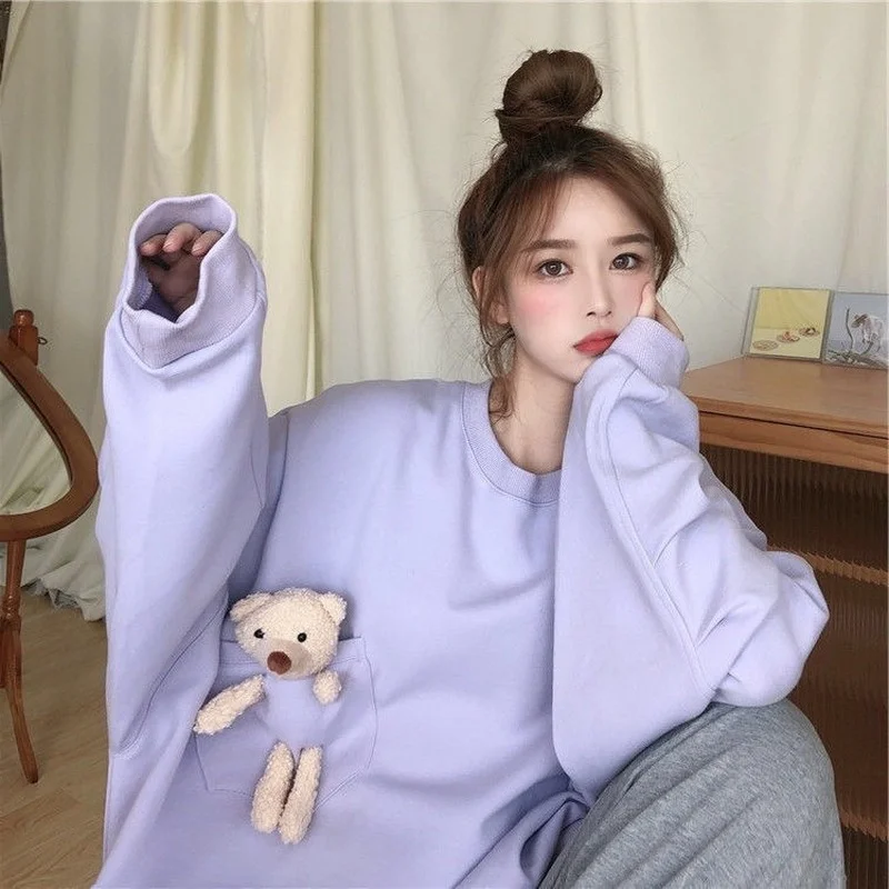 

Oversized Hoodie Kawaii Cute Streetwear Women Pullovers Korean Fashion Designer Soft Girl Aesthetic Female Sweetshirts, Black purple white