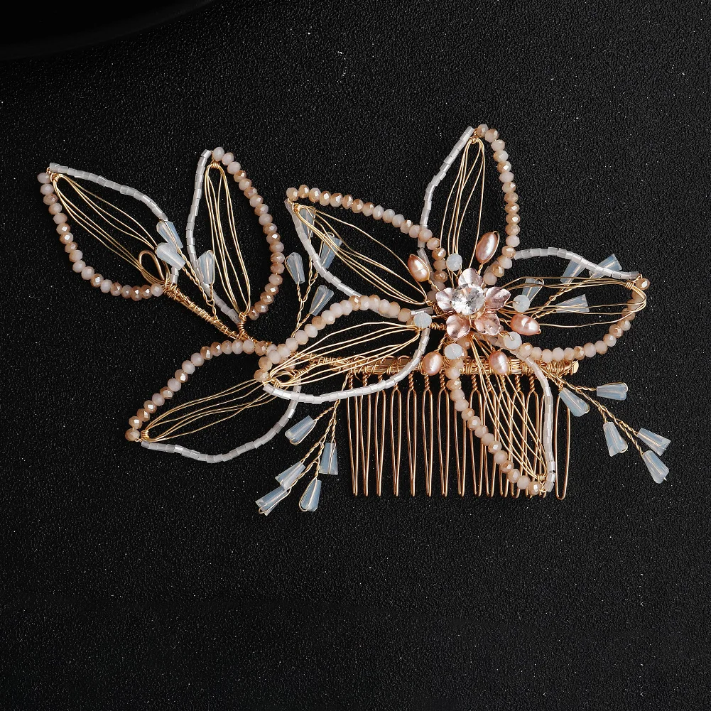 

Wholesale Gold Flower Fancy Wedding Hair Comb Accessories Headpiece Crystal Bridal Side Comb