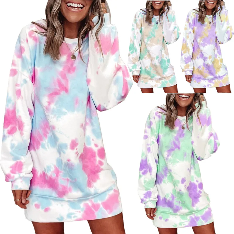 

free sample 2021 fall tie dyed printed v-neck S-2XL outfit long Women's Hoodies sweatshirt dress