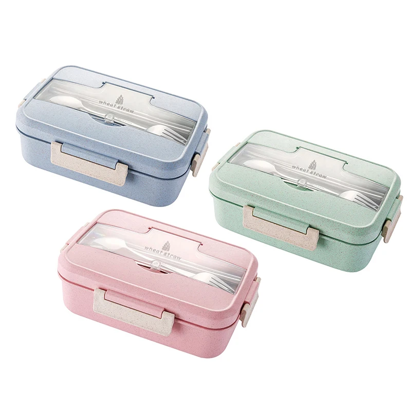

BPA Free Eco friendly Wheat Straw and PP Plastic Microwavable Leakproof Tiffin Bento Lunch Box 3 Compartment with Cutlery