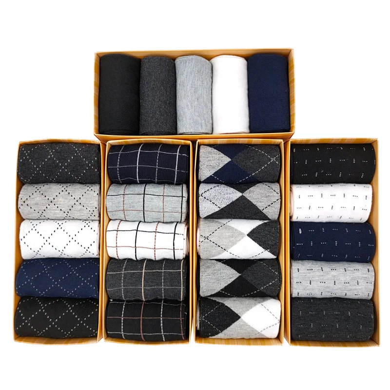 

Gifts Box Socks Wholesale Hot Sale Fashion Plaid Solid Color 5 Pairs Gifts Box Breathable Cotton Business Men Socks, Picture shown