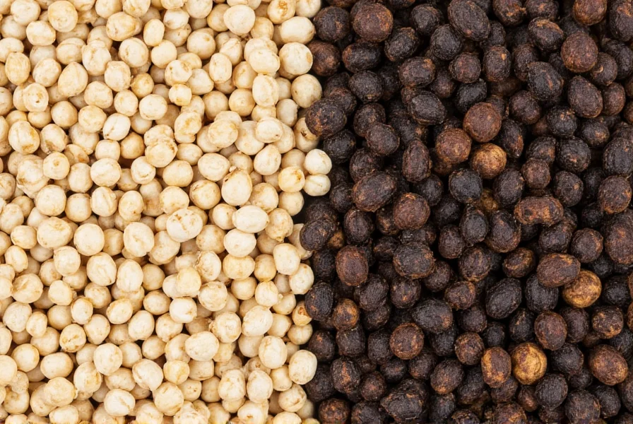 Close-up comparison of white pepper grains versus black pepper corns showing texture and color differences