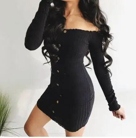 

Trendy Women dress Long Sleeve solid Button Off Shoulder Evening casual Party cotton Bodycon Mini Dresses one pieces, Pictures