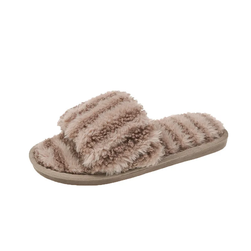 

2021 New Ladies Winter Home Slippers Solid Color Plush Open Toe Ladies Indoor Flat Slippers