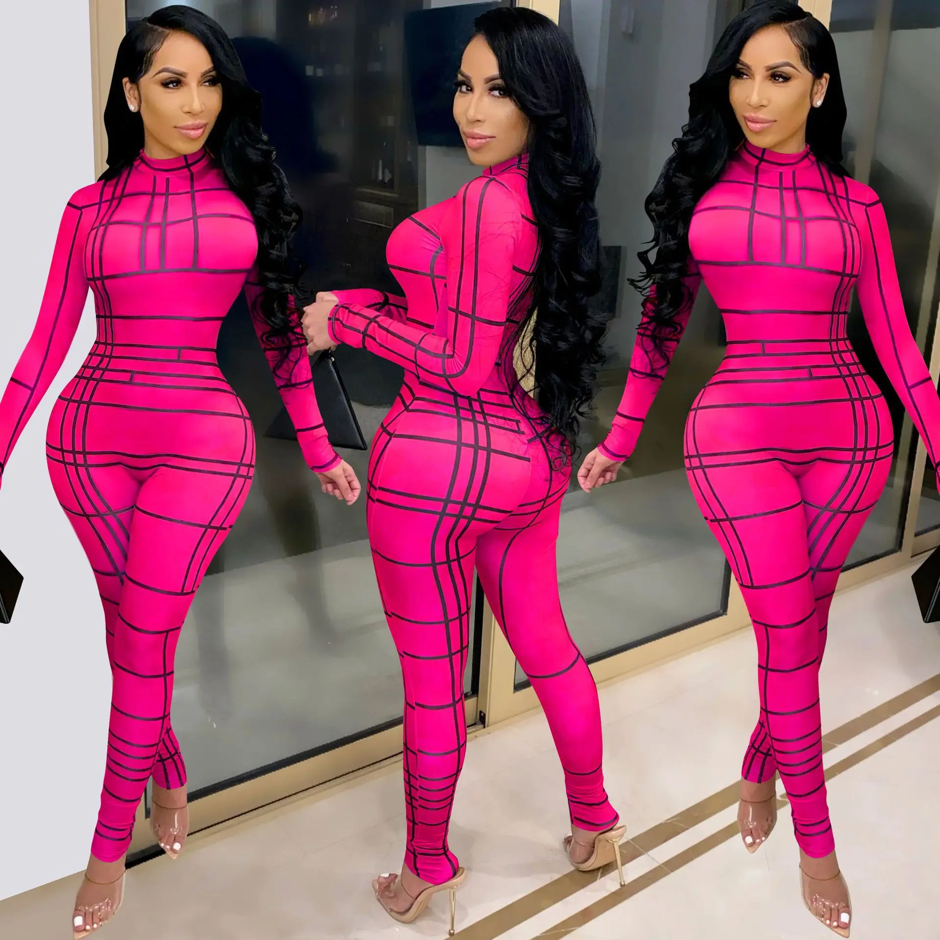 

Free Shipping R01074 - women fashion long sleeve bodycon printed jumpsuit