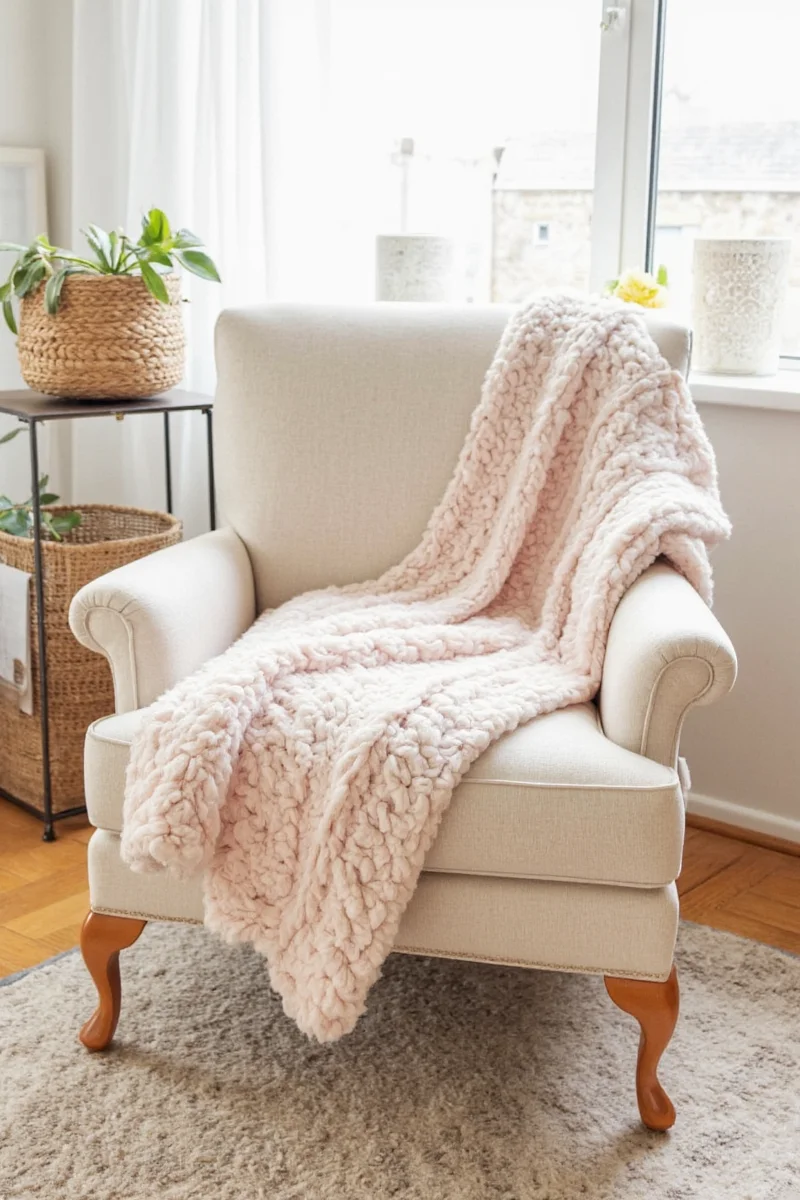 Cozy armchair with a throw blanket draped over it.