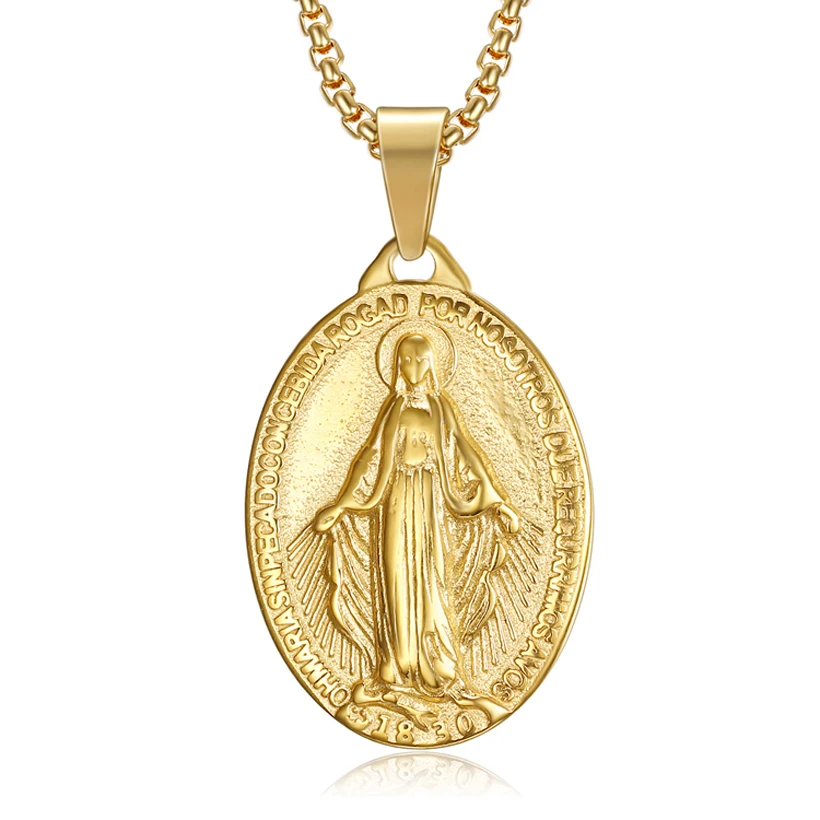 

18K Gold Plated Spiritual Christian Jewelry Women Mens Cross Miraculous Medal Virgin Mary Pendant Necklace