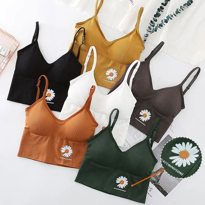 

Hot Sales Young Girl Flower print Thin Crop Top Push Up Lingerie Removable Wire  Sports Yoga Bras, White,gray,light green,yellow,orange,black