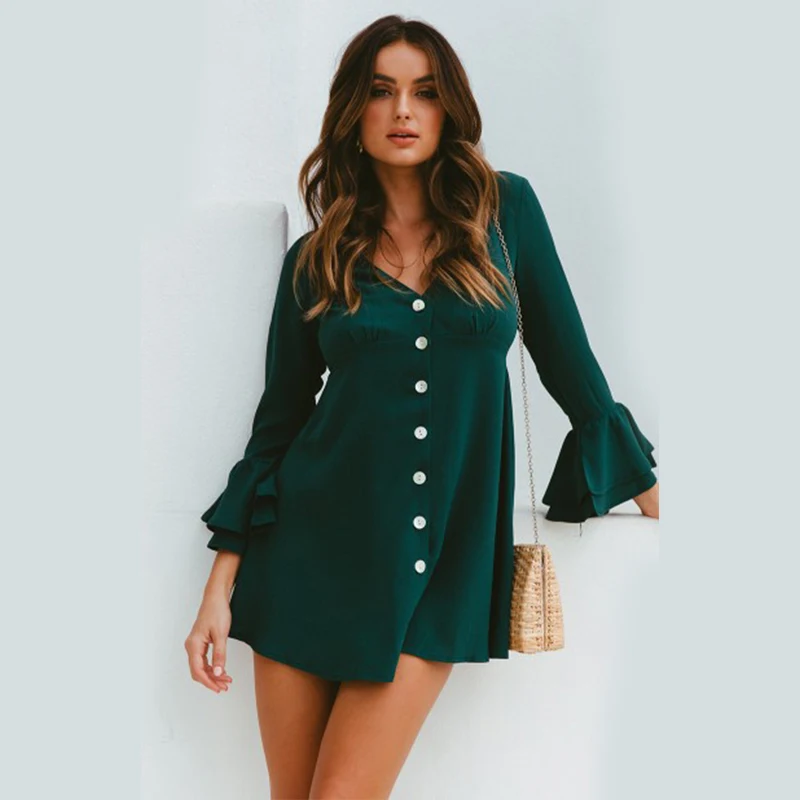 

OEM V Neck Front Button Up Ladies Classy Long Sleeve Ruched Glamour Dresses, Green,red