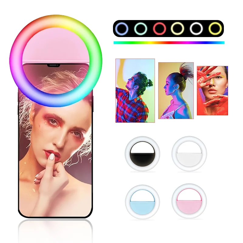 

Rechargeable Mini RGB Portable Live Phone Led selfie ring light selfie circle light for phone, Black, white, blue, pink