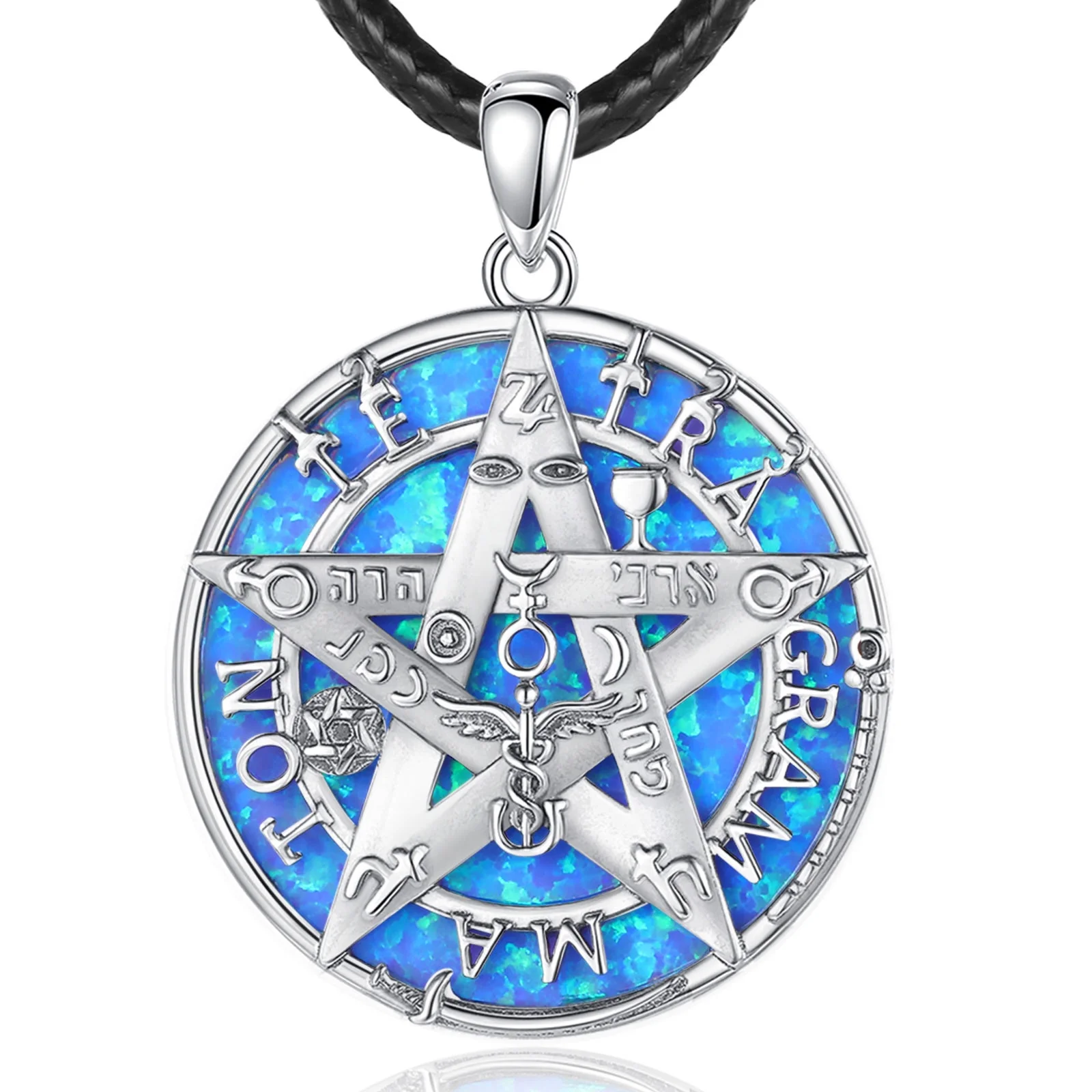 

Merryshine Jewelry Tetragrammaton Pentagram Design 925 Sterling Silver Blue Opal Pendant Necklace for Men