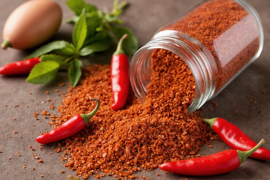 Crushed red pepper flakes in glass jar next to common kitchen ingredients for visual context