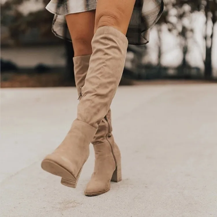 

Autumn and Winter popular 2021 women's suede thick heel pointed side zipper solid women's boots, Picture