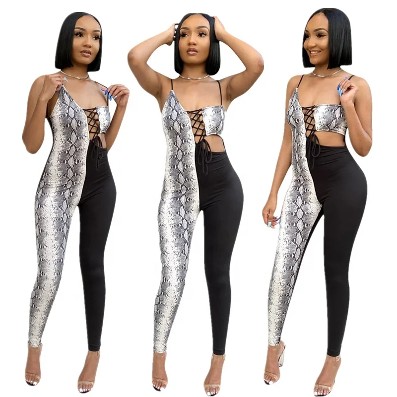 

2021NEW design Snakeskin Print Patchwork Hollow Out Bandage Halter Jumpsuits Fashion Sexy Bodycon Club Party Romper for Women