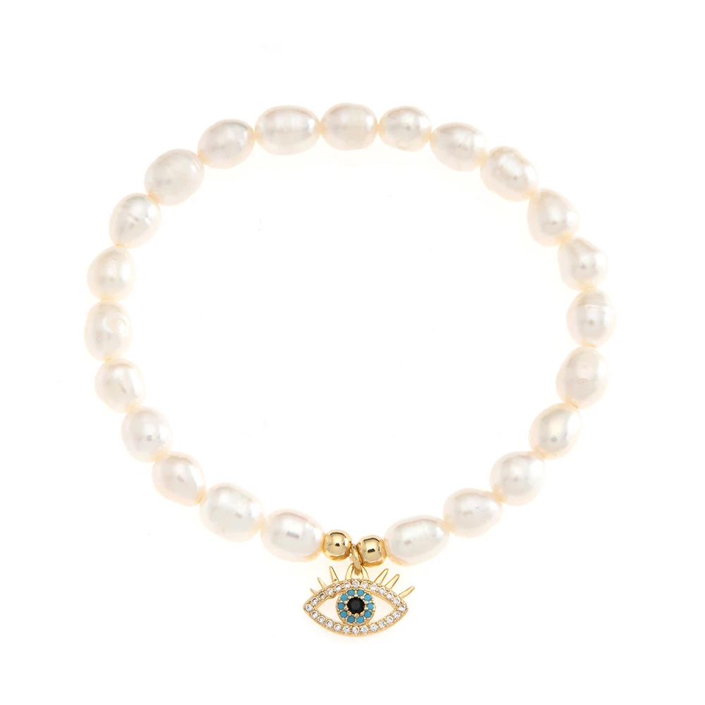 

charm pendant evil- eye sun hand smile face natural freshwater pearl handmade beaded bracelet, Gold
